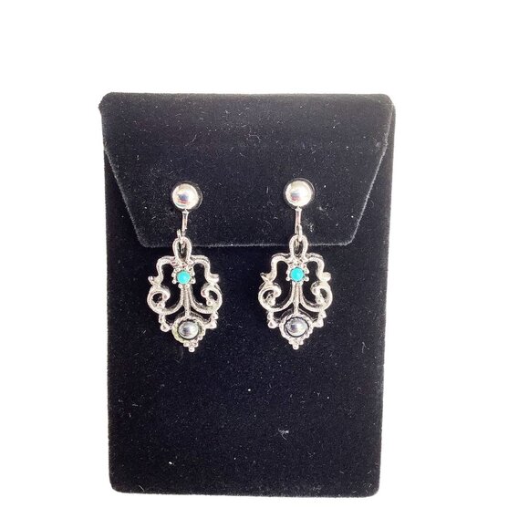 Hematite and Ballottini Clip On Earrings AVON Signed Dangles Clips Silver Tone - Picture 1 of 6